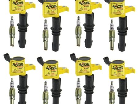 ACCEL Ignition Upgrade Kit- 2004-2008 Ford 4.6L 5.4L 6.8L 3-valve egines, yellow, 8-pack Includes 8-Pack of HP Copper Spark Plugs (p n 8160) & 8-Pack of ACCEL Ignition Coil (p n 140033-8) Sale