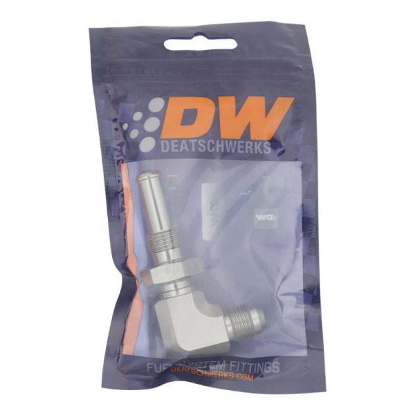 DeatschWerks 6AN Male Flare to 90-Degree 3 8in Single Hose Barb - Anodized DW Titanium Fashion